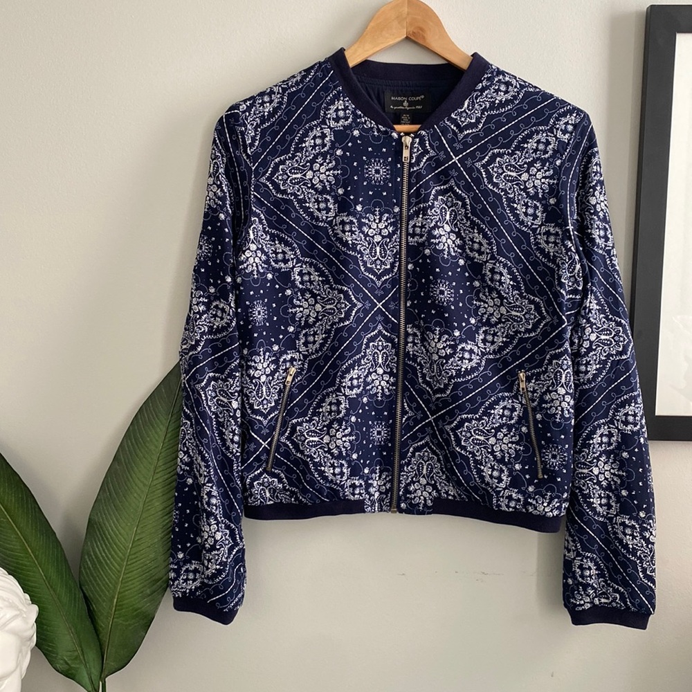 Maison Coupé Navy and White Paisley Zip Up Bomber Jacket